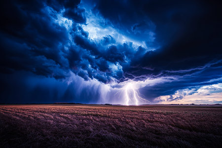 Lightning Streaks Through a Stormy Sky Over a Field at Night