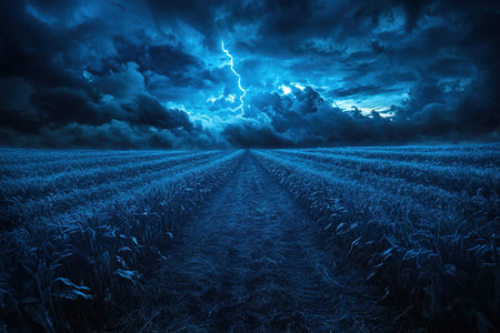 Lightning Streaks Through a Stormy Sky Over a Field at Nightの写真素材