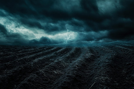 Lightning Streaks Through a Stormy Sky Over a Field at Night