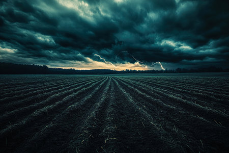 Lightning Streaks Through a Stormy Sky Over a Field at Nightの写真素材