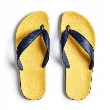 Yellow flip flops isolated on white background. Top view. Flat lay.の写真素材