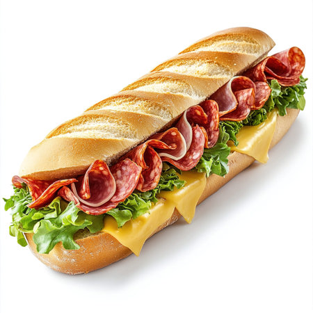 Sandwich with salami, cheese and lettuce isolated on white backgroundの写真素材