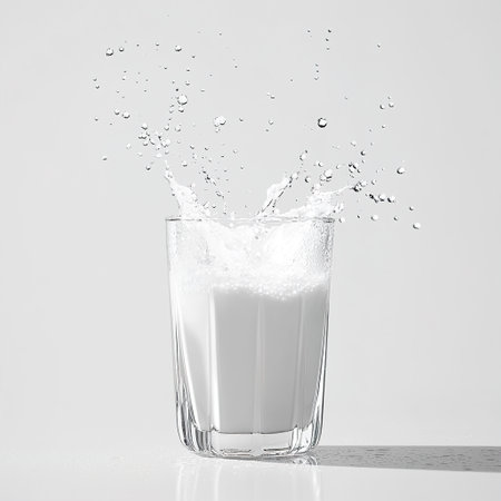 Milk splash in glass on white background. 3d illustration.の写真素材