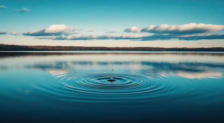 A water drop creates ripples on a calm lake with a treeline and cloudy sky in the background.
