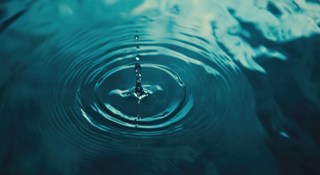 A water droplet falling into water, creating ripples. The image focuses on the impact and the resulting circular waves.の写真素材