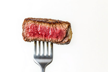 A juicy steak piece on a fork, presented against a clean white backdrop.