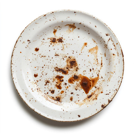 Dirty white plate with food scraps isolated on white backgroundの写真素材