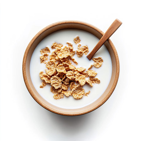 A bowl of cereal with milk and a wooden spoon on a white background. The focus is on the breakfast...