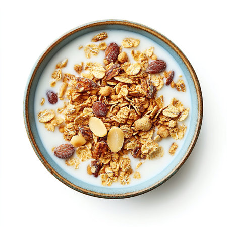 Overhead shot of granola with almonds and milk in a bowl on a white background.