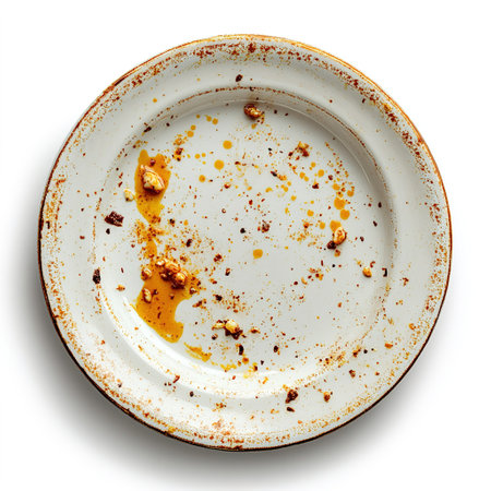 Dirty white plate with food scraps isolated on white backgroundの写真素材