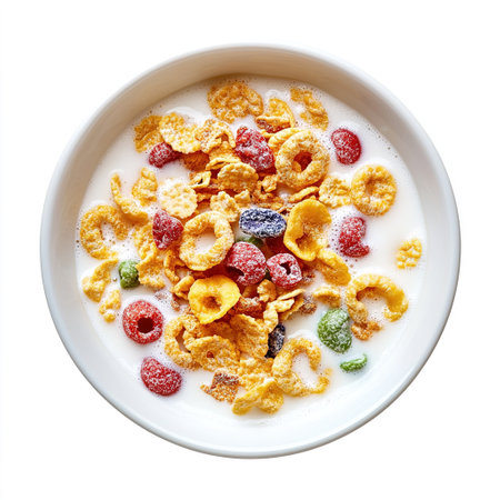 A bowl of cereal with milk and colorful candied fruit. The background is white.の写真素材
