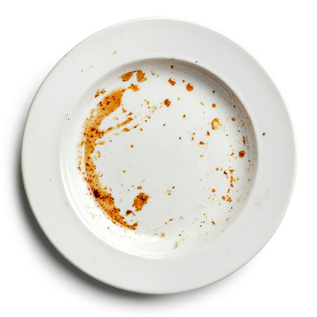 Dirty white plate with food scraps isolated on white backgroundの写真素材