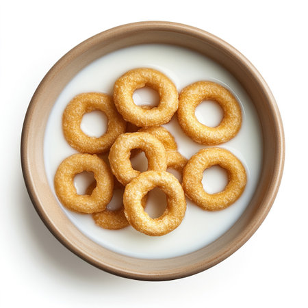 A bowl of cereal rings floating in milk. The cereal is golden brown and the milk is white. The background is white.の写真素材