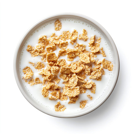 A bowl of cereal with milk. The flakes are golden brown and the milk is white.