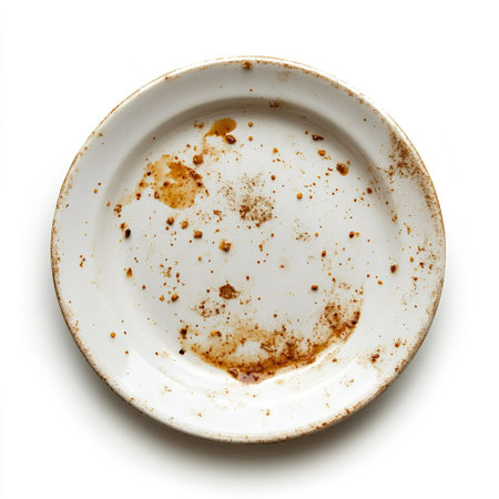 Dirty white plate with food scraps isolated on white backgroundの写真素材
