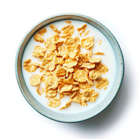 Overhead shot of cornflakes cereal in milk served in a blue bowl against a white background.