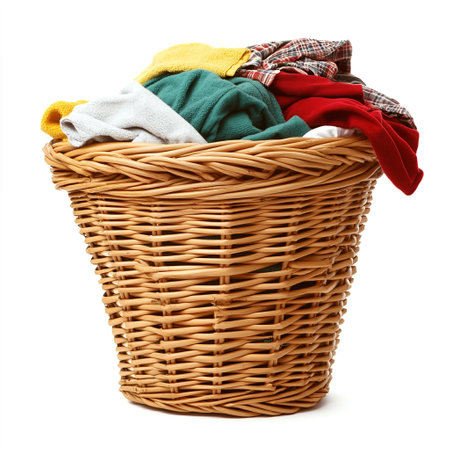 Clothes overflowing basket isolated on white backgroundの写真素材