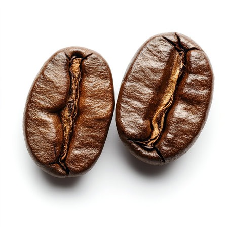 Two coffee beans isolated on white backgroundの写真素材