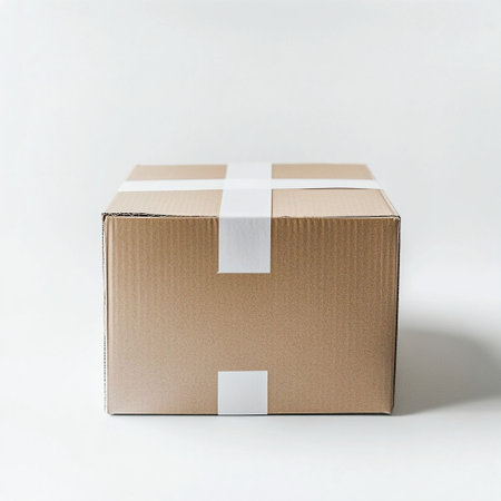 Brown cardboard box with white tape wrapped isolated on white backgroundの写真素材