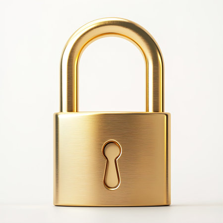 Golden padlock front view isolated on white backgroundの写真素材