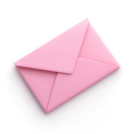 Realistic closed pastel pink envelope with a triangular flap isolated on white backgroundの写真素材