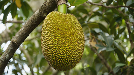 Jackfruit hanging from a tree branch in a natural outdoor setting