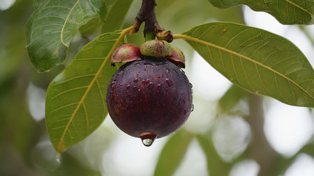 Ripe mangosteen fruit hanging on a tree branch with green leaves