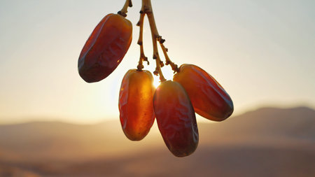 Dates on a branch against a sunset sky and mountain backgroundの写真素材