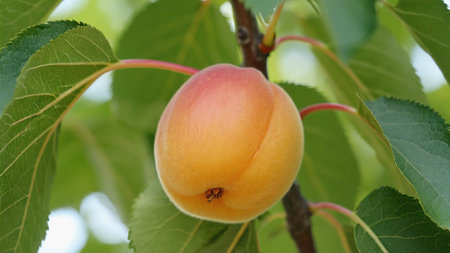 Ripe apricot hanging on a tree branch with green leaves around itの写真素材