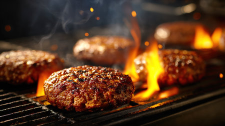 Burger patties sizzling on a fiery grillの写真素材