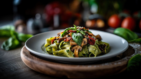 Delicious pesto pasta with mushrooms and sun dried tomatoesの写真素材