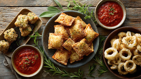 Fried ravioli arancini calamari rings and marinara sauceの写真素材