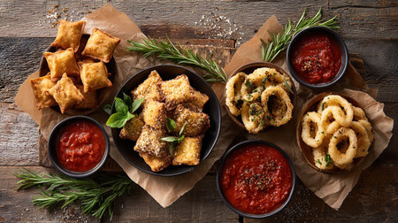 Fried ravioli calamari and marinara sauce platterの写真素材