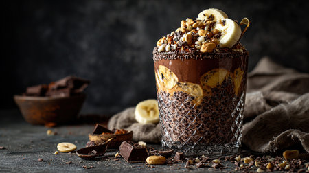 Delicious chocolate chia seed pudding with banana and nutsの写真素材
