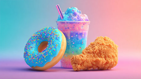 Sweet treat combo donut fried chicken and galaxy smoothieの写真素材