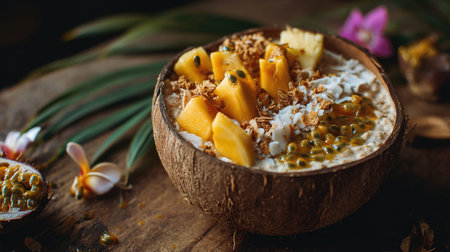 Tropical fruit oatmeal bowl in coconut shell