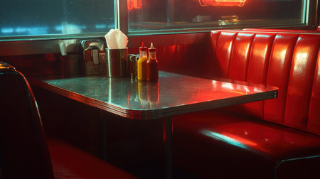 Empty diner booth with metal table and condiments