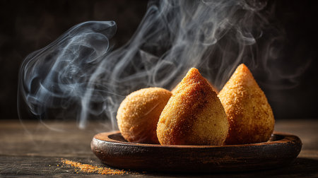 Delicious hot brazilian coxinhas on wooden plateの写真素材