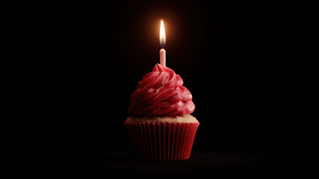 Single red velvet cupcake with lit candleの写真素材