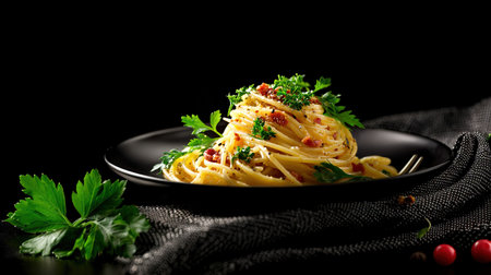 Delicious spaghetti carbonara with parsley garnishの写真素材