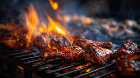 Delicious grilled chicken legs on a barbecue grillの写真素材