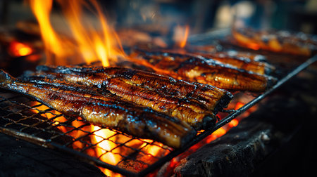 Grilled unagi eel on a charcoal fireの写真素材