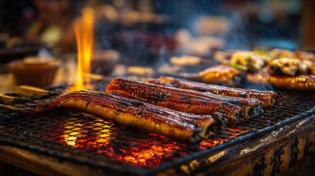 Grilled unagi eel on a charcoal grill at night marketの写真素材