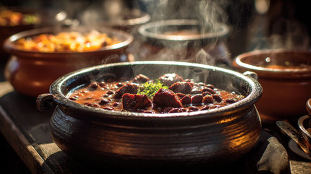 Steaming hot bean stew in clay potの写真素材