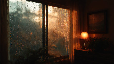 Rainy evening window view with lamplight