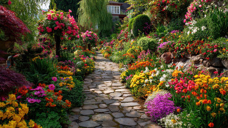Stone path through vibrant spring garden flowersの写真素材