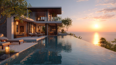 Luxury cliffside villa with infinity pool at sunset