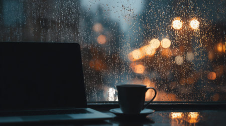 Rainy night window view with laptop and coffee