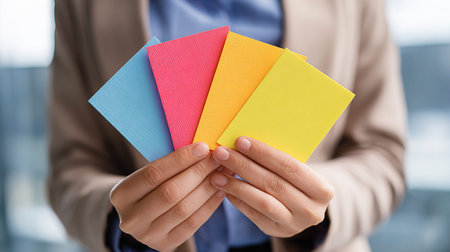 Woman holding colorful index cards business concept