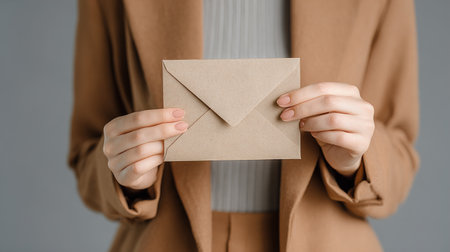 Woman in brown blazer holding kraft envelopeの写真素材